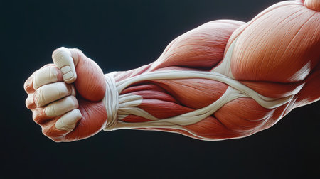 Close-up of a muscular arm flexing, highlighting the detailed structure of the muscles and veinsの素材