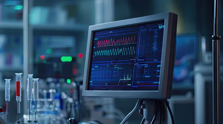 Close-up of a monitor displaying electrical signals and waveform data in a high-tech laboratory settingの素材