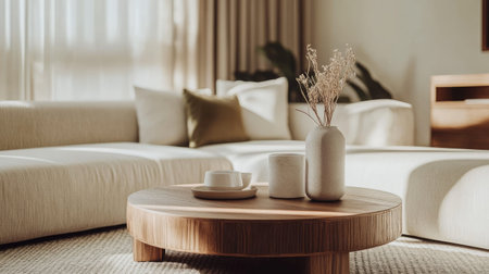 Close-up of a modern minimalist living room with clean lines, neutral colors, and simple furnishings -の素材
