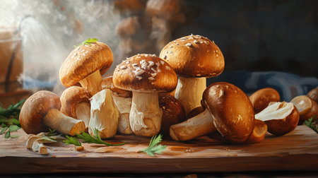 A detailed view of mushrooms arranged on a wooden cutting board, ready to be cooked, with their surfaces and textures clearly visible.の素材