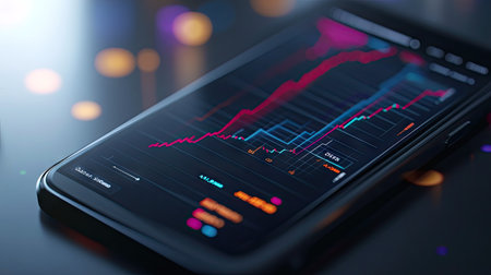 A detailed view of a business graph on a smartphone screen, showcasing market fluctuations and financial data in a compact format.の素材
