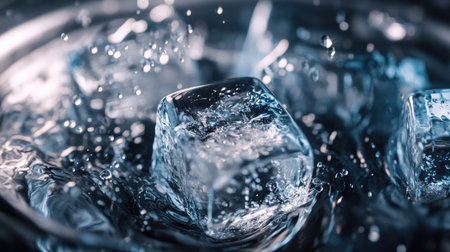 A detailed view of ice cubes melting in a glass, with droplets of water pooling around the cubes and forming a wet, textured surfaceの素材