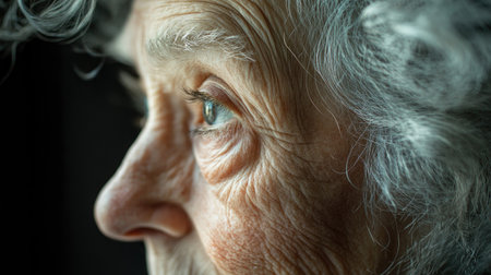 A macro shot of an elderly woman face, focusing on the natural beauty of her silver hair and the character of her time-worn features.の素材