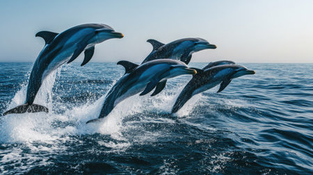 A pod of dolphins leaping out of the ocean in unison against a backdrop of a clear blue sky, capturing their playful nature.の素材