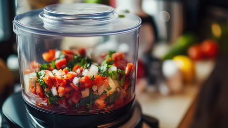 A detailed view of a food processor in action, with ingredients being chopped or blended, and the motion captured through the transparent lid. -の素材