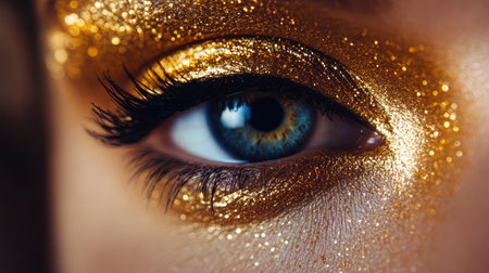 A macro shot of a woman's eye with a glittering gold eyeshadow and precise black eyeliner, capturing the intricate detail of her makeup.の素材