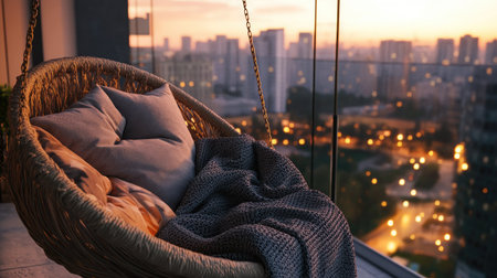 A close-up of a balcony swing chair, with soft cushions and a blanket draped over it, set against a backdrop of a cityscape at dusk.の素材