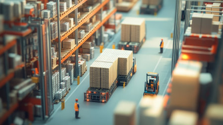 Close-up of a logistics center with warehouse shelves full of goods and workers preparing shipments -の素材