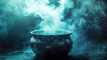A dramatic shot of smoke billowing from a cauldron, giving a magical and mysterious feel to the scene.の素材