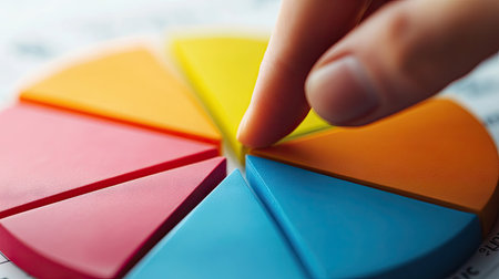 A close-up of a pie chart with a hand pointing at one of the segments, emphasizing the detailed breakdown of market share or financial data.の素材