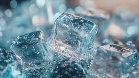 A detailed view of ice cubes melting in a glass, with droplets of water pooling around the cubes and forming a wet, textured surfaceの素材