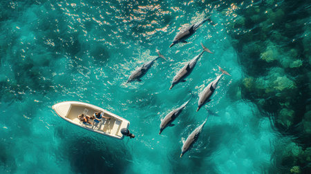 A pod of dolphins swimming beneath a boat, their smooth bodies visible through the clear, turquoise waters of a tropical sea.の素材