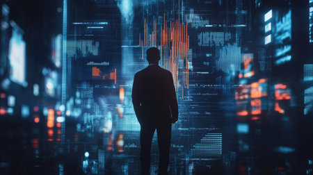A futuristic financial graph with digital elements, overlaid on a businessman silhouette in a dark, tech-driven environment.の素材