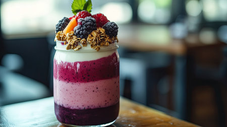 A close-up of a layered smoothie in a mason jar, with distinct layers of yogurt, berry puree, and granola, topped with fresh fruits.の素材