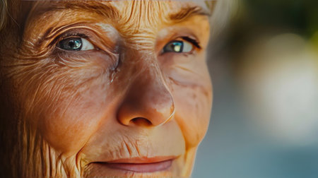 A close-up of an older woman with a peaceful expression, emphasizing the gentle lines of her face and the serene beauty of her age.の素材