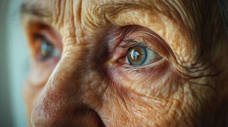 A close-up of an elderly face, highlighting her gentle wrinkles and soft, expressive eyes with a warm and serene expression.の素材