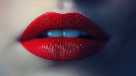 A macro shot of a woman's lips, coated in a rich, matte red lipstick, capturing the smooth texture and vibrant color.の素材