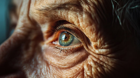 A macro shot of an elderly woman face, capturing the texture of her skin, the grace of her age, and the wisdom reflected in her eyes.の素材