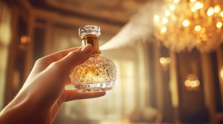 Close-up of a hand holding a perfume bottle with a refined design, about to spray fragrance in a beautifully decorated room -の素材