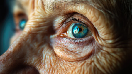A macro shot of an elderly woman face, capturing the texture of her skin, the grace of her age, and the wisdom reflected in her eyes.の素材