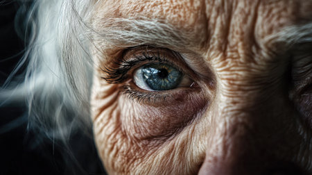 A macro shot of an elderly woman face, focusing on the natural beauty of her silver hair and the character of her time-worn features.の素材