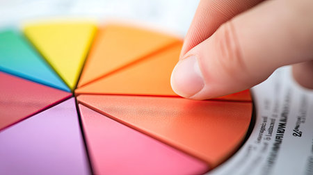 A close-up of a pie chart with a hand pointing at one of the segments, emphasizing the detailed breakdown of market share or financial data.の素材