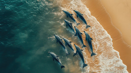 A pod of dolphins swimming near the shoreline, with gentle waves lapping at a sandy beach in the background.の素材