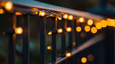 A macro shot of a railing decorated with string lights, capturing the soft glow of the lights as they wrap around the metal bars.の素材