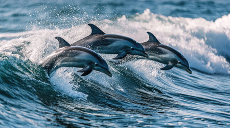 A group of dolphins riding the waves of a breaking wave, their sleek bodies cutting through the water effortlessly.の素材