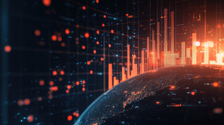 A dynamic financial graph superimposed over a globe, representing the global impact of financial markets.の素材