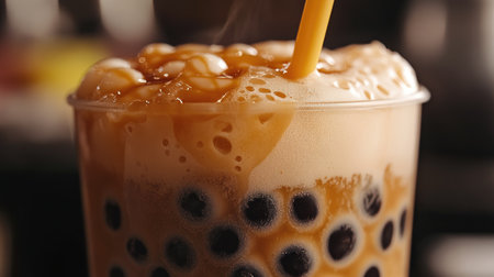 A detailed shot of a straw piercing through the thick layer of foam in a freshly shaken bubble tea, with the pearls visible beneath the surface.の素材