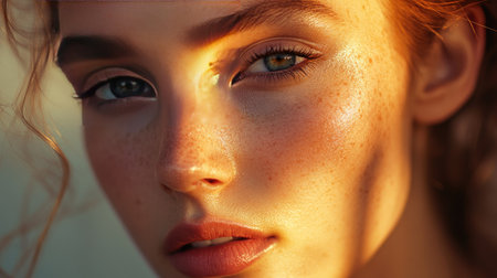 A macro shot of a woman face with dewy, radiant skin, subtle makeup, and a soft expression, set against a blurred background.の素材