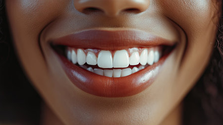 A close-up of a woman's smile, with white, straight teeth and full lips, exuding confidence and warmth in a candid moment.の素材
