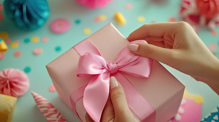 A close-up of a hands tying a pink bow on a neatly wrapped present, with a background of birthday decorations.の素材
