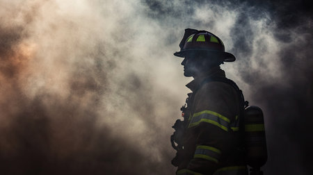 A firefighter silhouetted against a backdrop of dense smoke, capturing the intensity of a rescue operation.の素材