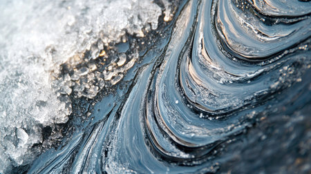 A macro shot of ice forming on the surface of a frozen pond, displaying the delicate patterns and texture of the frost. -の素材