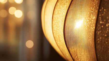 A close-up of a decorative lamp with a soft, diffused light, highlighting the textured shade and the gentle glow that spreads across the room.の素材