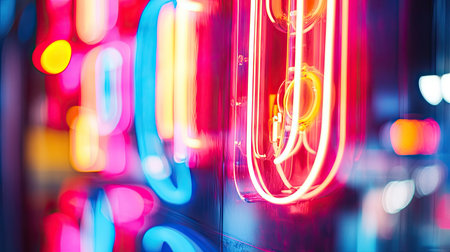 A macro view of a neon sign with vibrant, glowing colors, capturing the bright, electric hues and the light reflecting off the glass.の素材
