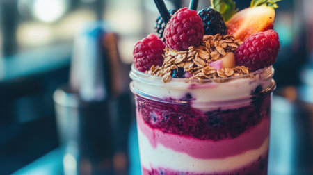A close-up of a layered smoothie in a mason jar, with distinct layers of yogurt, berry puree, and granola, topped with fresh fruits.の素材