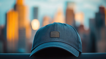 Close-up of a classic baseball cap with an embroidered logo, set against a blurred urban backdropの素材