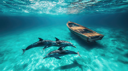 A pod of dolphins swimming beneath a boat, their smooth bodies visible through the clear, turquoise waters of a tropical sea.の素材