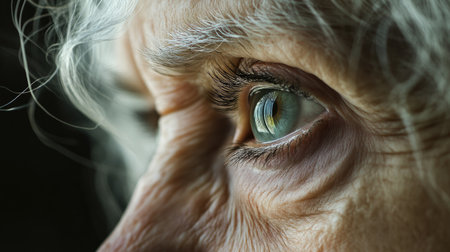 A macro shot of an elderly woman face, focusing on the natural beauty of her silver hair and the character of her time-worn features.の素材