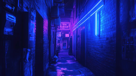 Blue neon lights illuminating a dark alley, urban nightlife scene with moody vibes -の素材