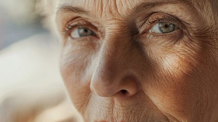A close-up of an older face with a serene expression, highlighting the elegance of her age and the soft glow of her mature skin.の素材