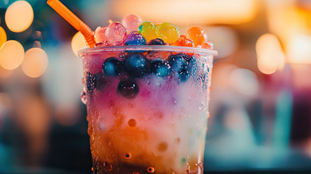 A close-up of a bubble tea with popping boba, highlighting the burst of bright, colorful boba floating in the drink.の素材