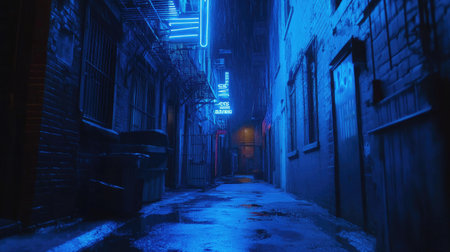 Blue neon lights illuminating a dark alley, urban nightlife scene with moody vibes -の素材
