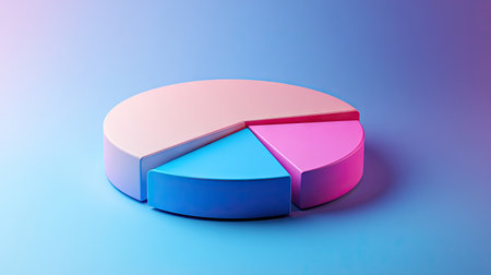 Abstract 3D pie chart with smooth, curved segments, set against a gradient blue backgroundの素材