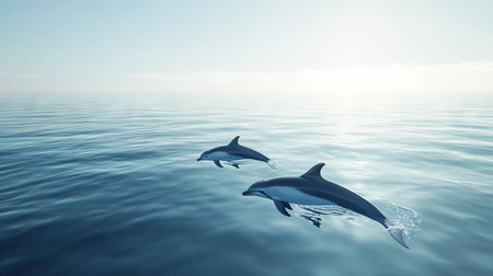 A serene scene of dolphins swimming in the open ocean, with the vast, calm waters stretching out to the horizon under a clear sky.の素材