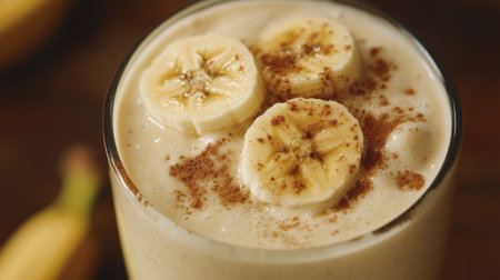 A detailed view of a creamy banana smoothie, showing the thick consistency and topped with banana slices and a dusting of cinnamon.の素材