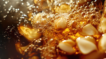 A macro shot of a cooking process, such as saut ing garlic in olive oil, with golden-brown garlic pieces and bubbles forming in the oil.の素材
